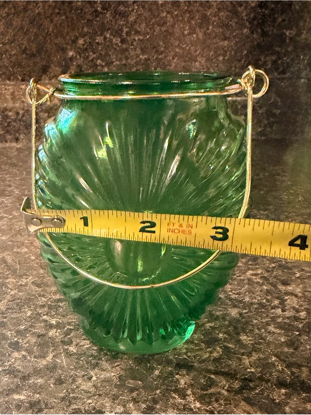 Green Pressed Glass Sunburst Vase with Metal Handle - Picture 7 of 8